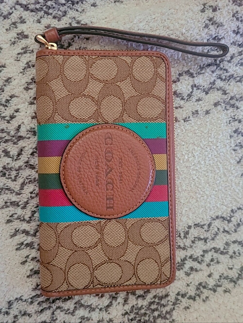 Coach Brown Signature Canvas Wristlet with Multicolor Stripe Detail